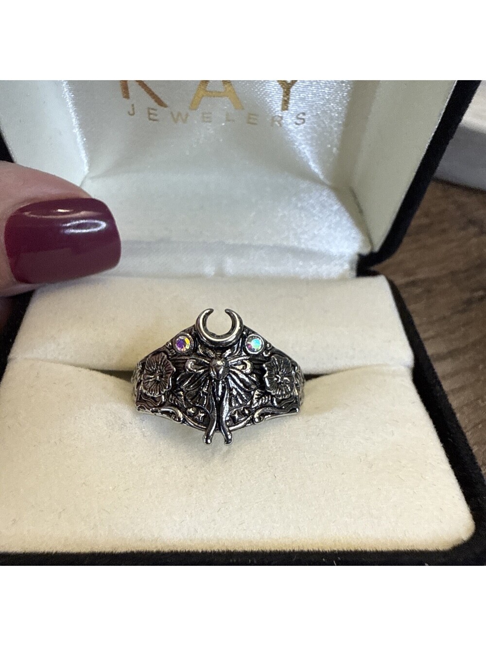 Lunar Moth Ring Size 9 Silver Tone Stainless Steel Gothic Withy Moon